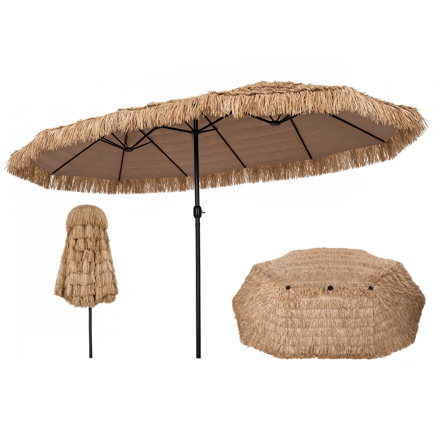Double-sided thatched tiki patio umbrella in brown with crank handle and 12 sturdy ribs, ideal for outdoor shading.