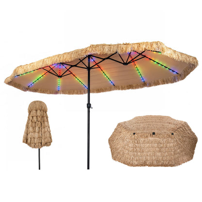 15 x 9 ft solar double-sided outdoor patio umbrella with 144 multi-colored flowing lights, 12 modes, brown frame, 12 ribs.