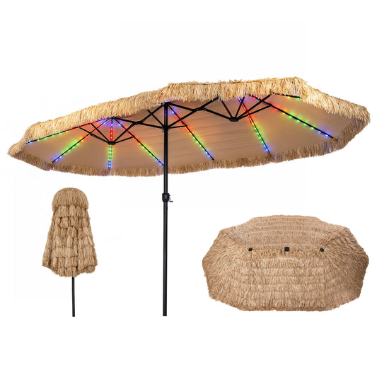 15 x 9 ft solar double-sided outdoor patio umbrella with 144 multi-colored flowing lights, 12 modes, brown frame, 12 ribs.