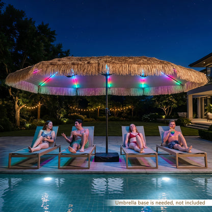 15x9 ft solar double-sided patio umbrella with multi-colored flowing lights, 12 lighting modes, and 12 ribs in brown.