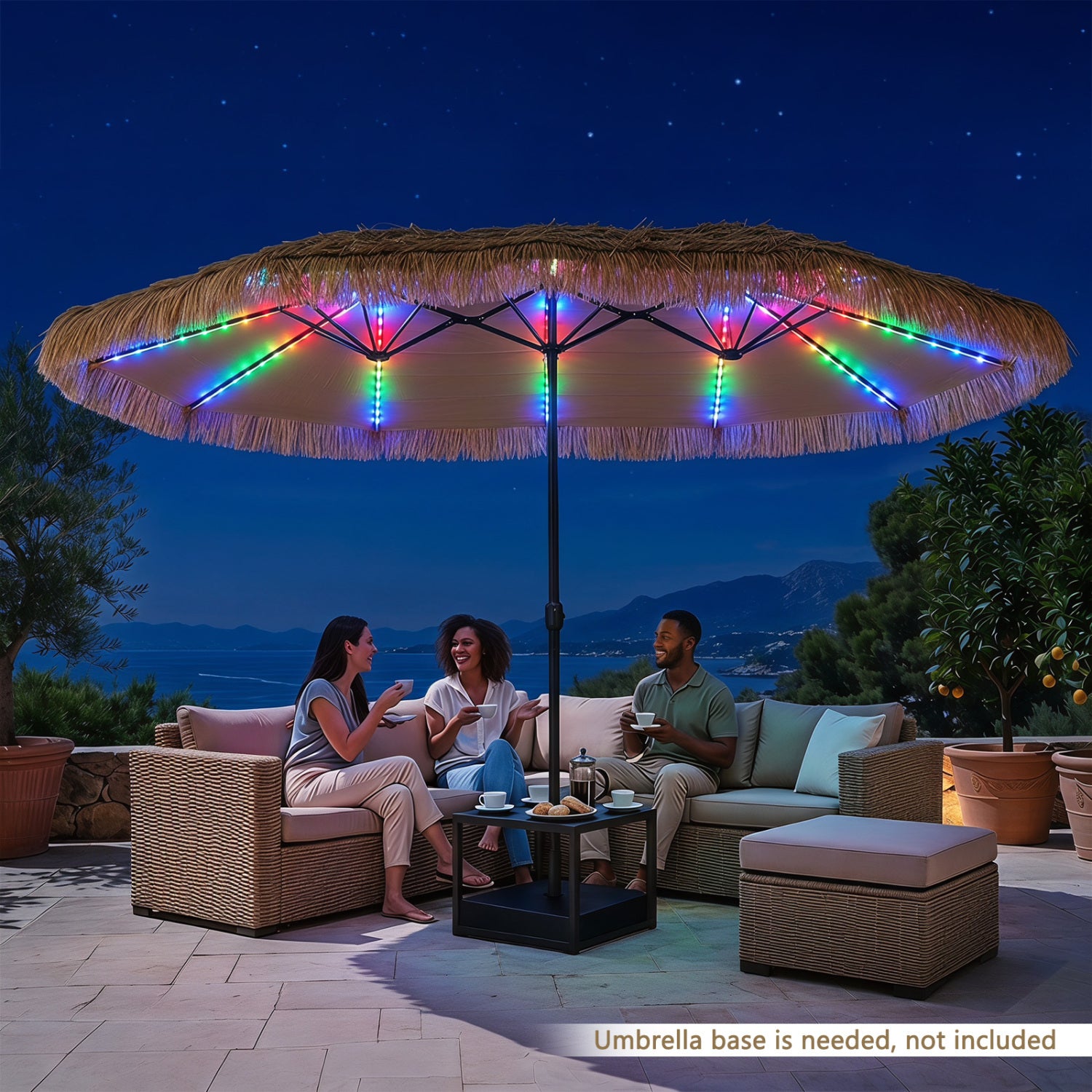 15 x 9 ft solar double-sided patio umbrella with multi-colored flowing lights, 12 modes, 12 ribs, in brown.