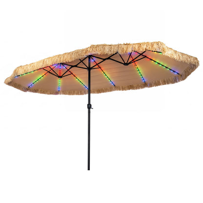 15 x 9 ft solar double-sided patio umbrella with 144 multi-colored flowing lights, 12 modes, brown frame, outdoor umbrella