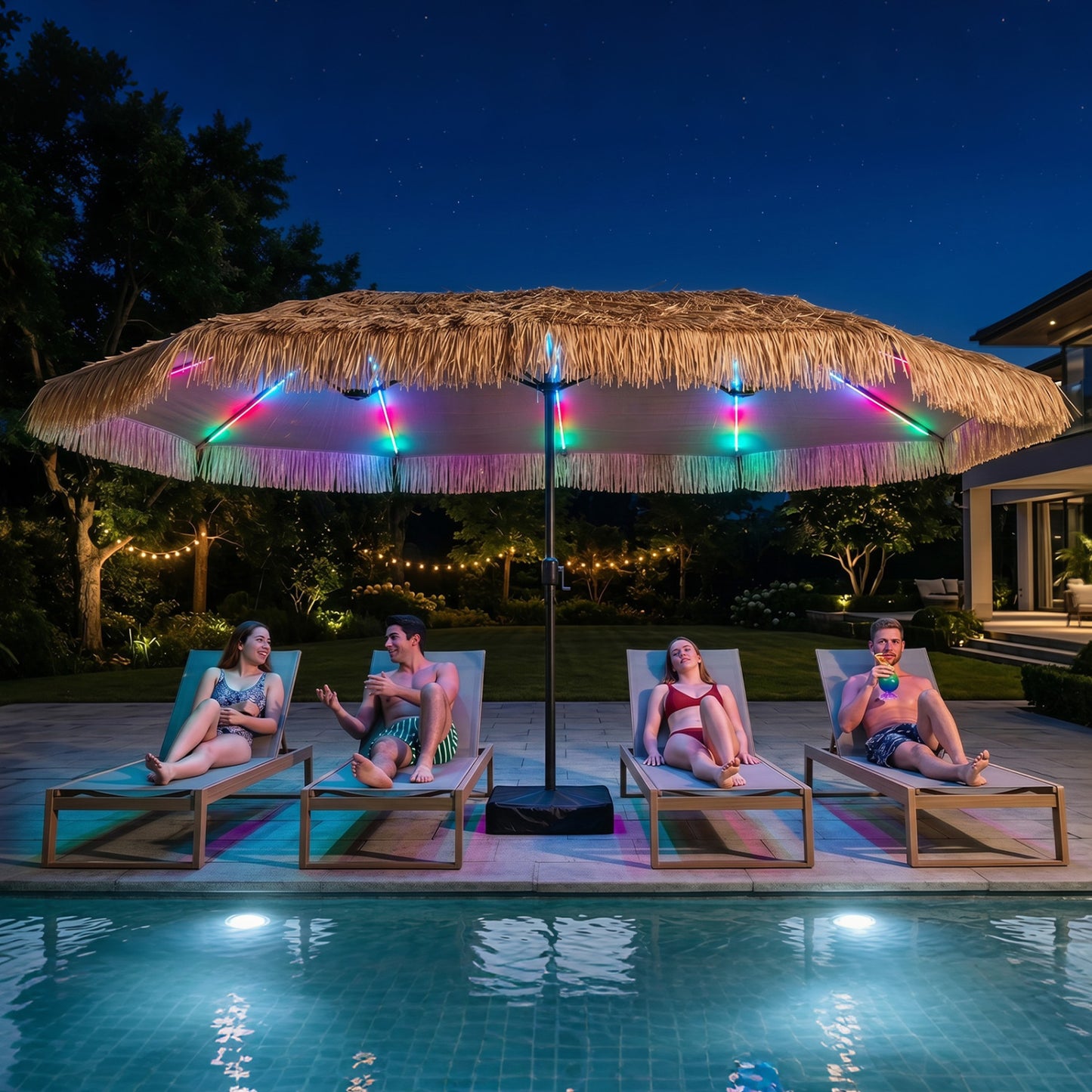 15x9 ft brown solar double-sided patio umbrella with 144 multi-colored flowing lights and sturdy umbrella base.