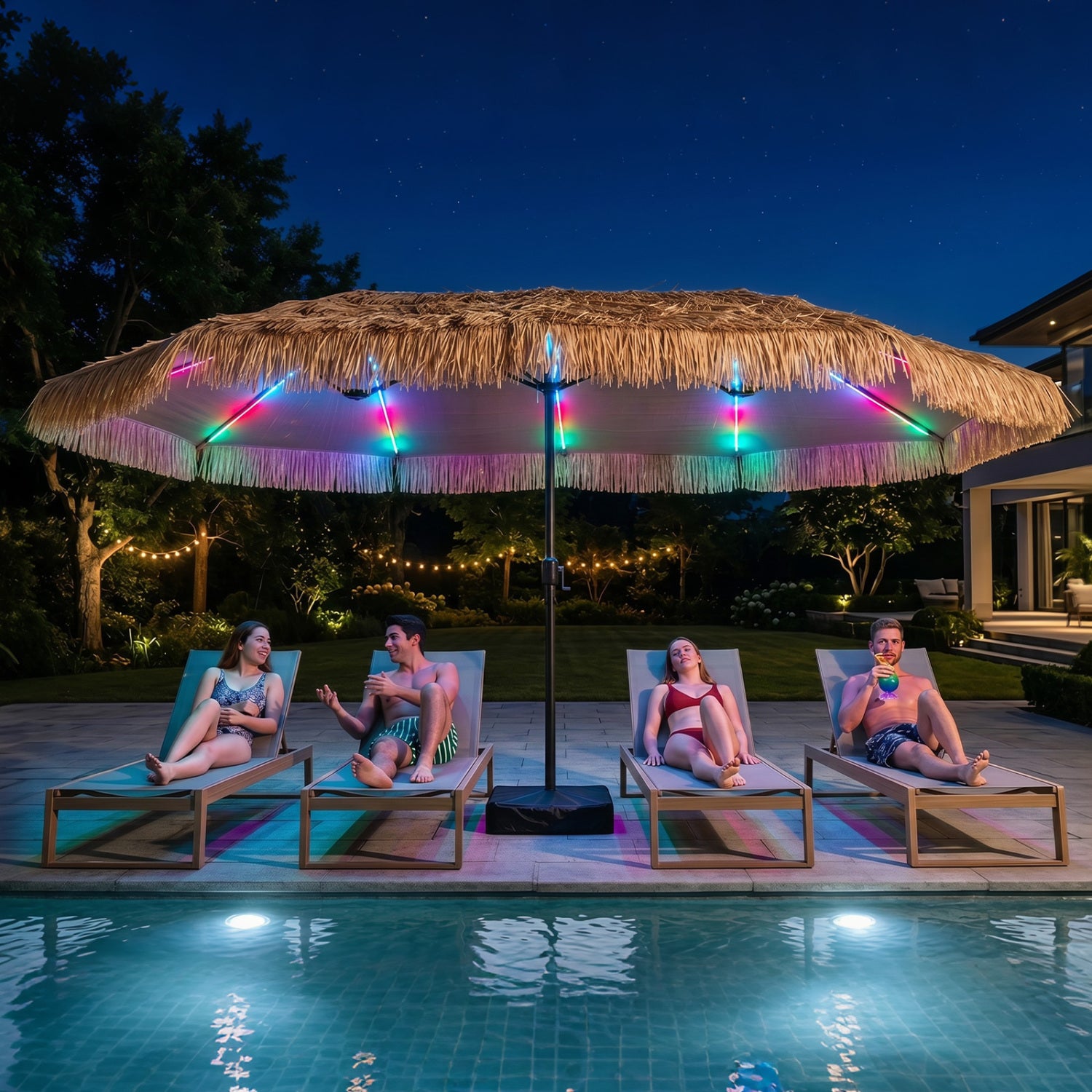 15x9 ft brown solar double-sided patio umbrella with 144 multi-colored flowing lights and sturdy umbrella base.