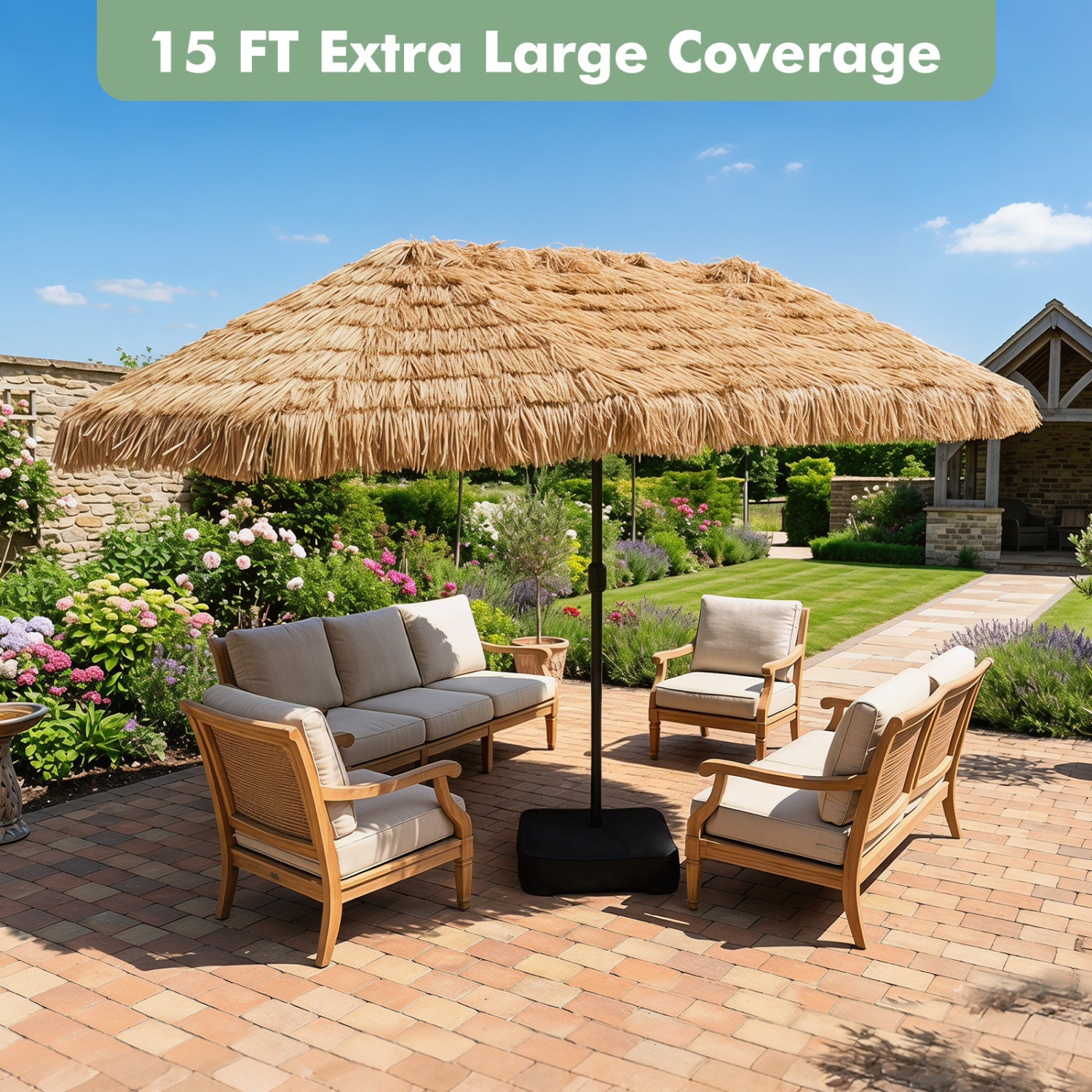 15 x 9 ft solar double-sided patio umbrella with multi-colored flowing lights and brown base, outdoor shade from Wilsons Home Store