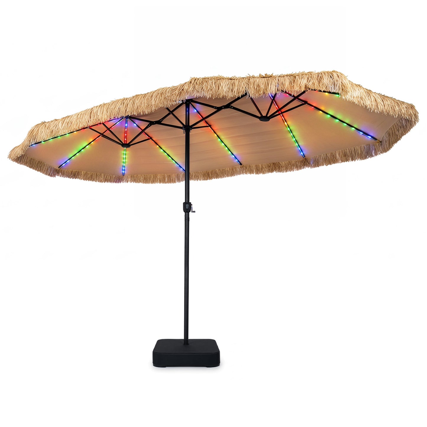 Brown 15 x 9 ft solar double-sided patio umbrella with 144 multi-colored flowing lights and sturdy base, ideal for outdoor shade.
