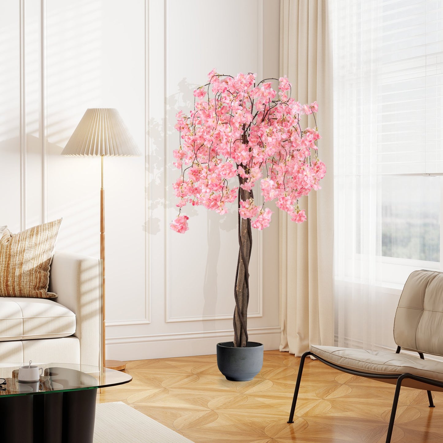 5.5 FT Tall Artificial Cherry Blossom Tree with Pink/White Flowers 1 Pack-Pink
