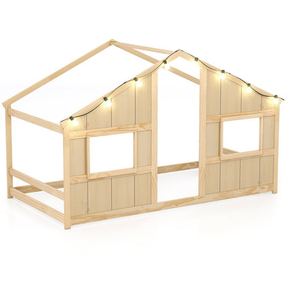 Twin Size House Bed with LED Lights Montessori Slat-free Floor Bed-Grey