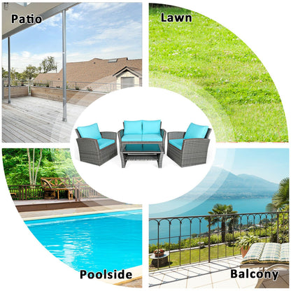 4 Pieces Patio Rattan Furniture Set Sofa Table with Storage Shelf Cushion-Beige