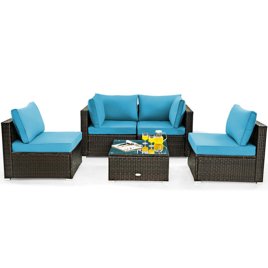 5 Pieces Cushioned Patio Rattan Furniture Set with Glass Table-Turquoise