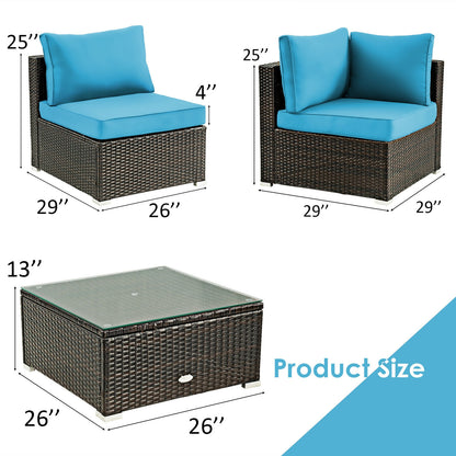 5 Pieces Cushioned Patio Rattan Furniture Set with Glass Table-Turquoise