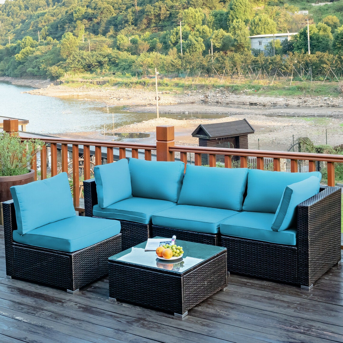 5 Pieces Cushioned Patio Rattan Furniture Set with Glass Table-Turquoise