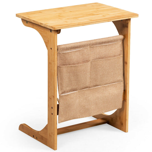 Bamboo Sofa Table End Table Bedside Table with Storage Bag-Natural