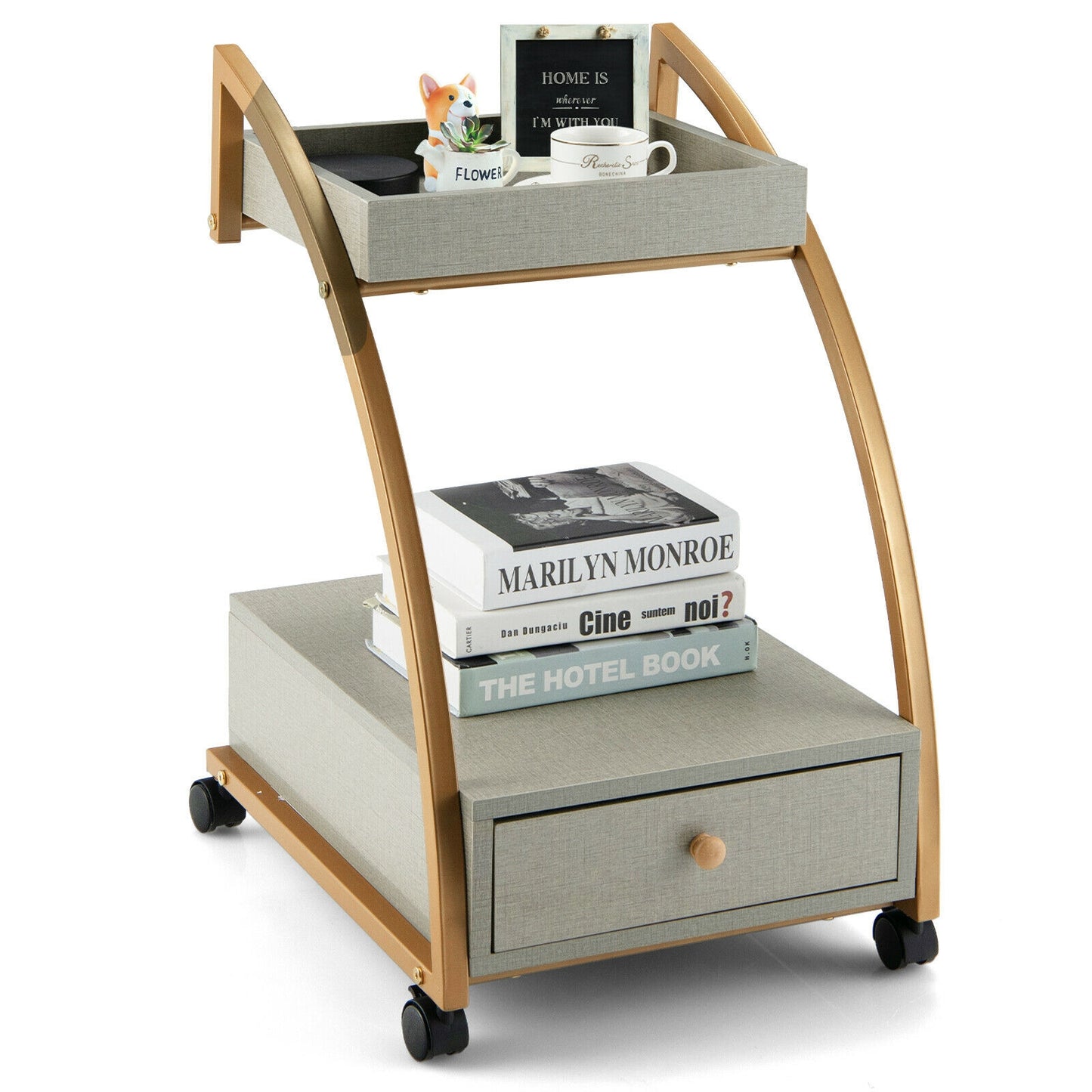 Modern Tray Top 4 Casters Rolling End Table with Storage Drawer-Gray