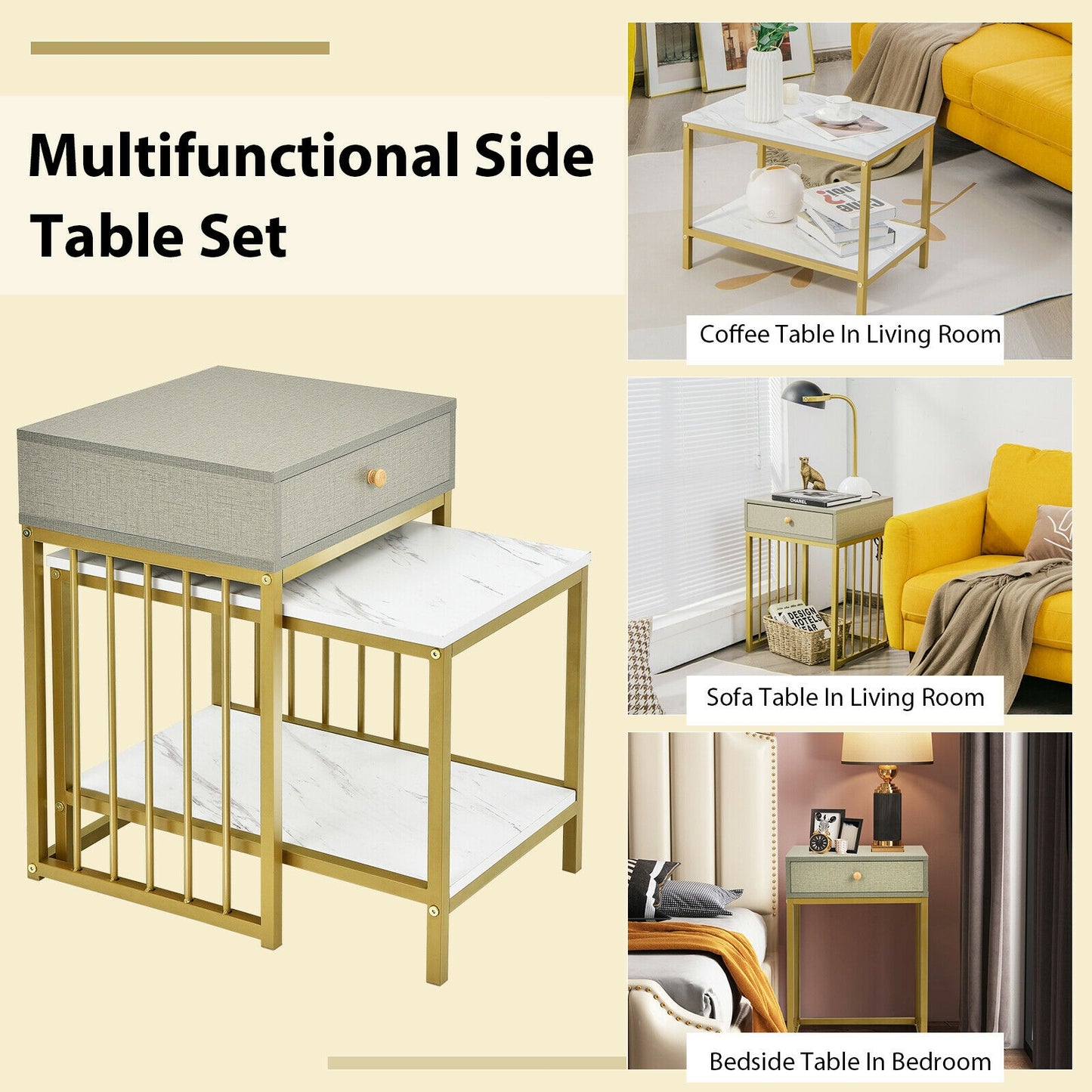 2 Pieces Modern Nesting Coffee Table Set with Drawer and Shelf-White