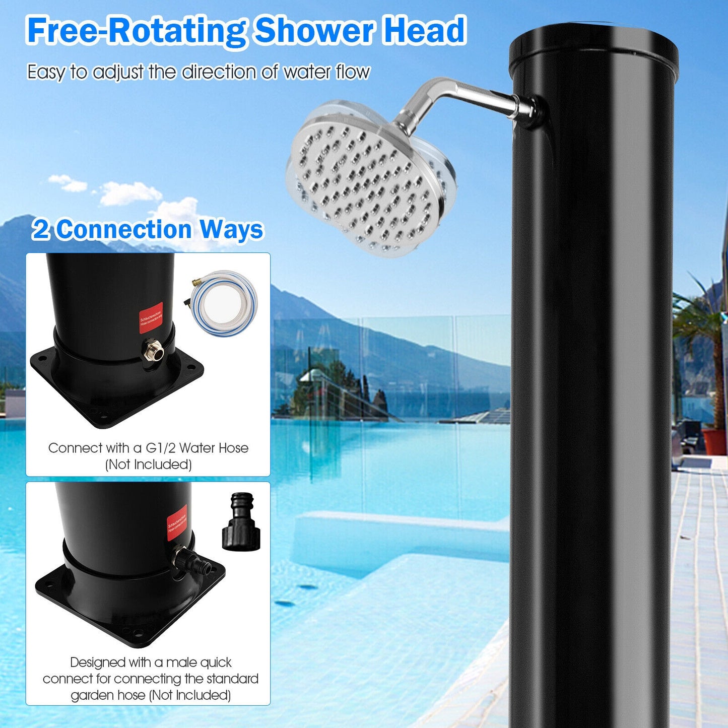 7.2 Feet Solar-Heated Outdoor Shower with Free-Rotating Shower Head-Black