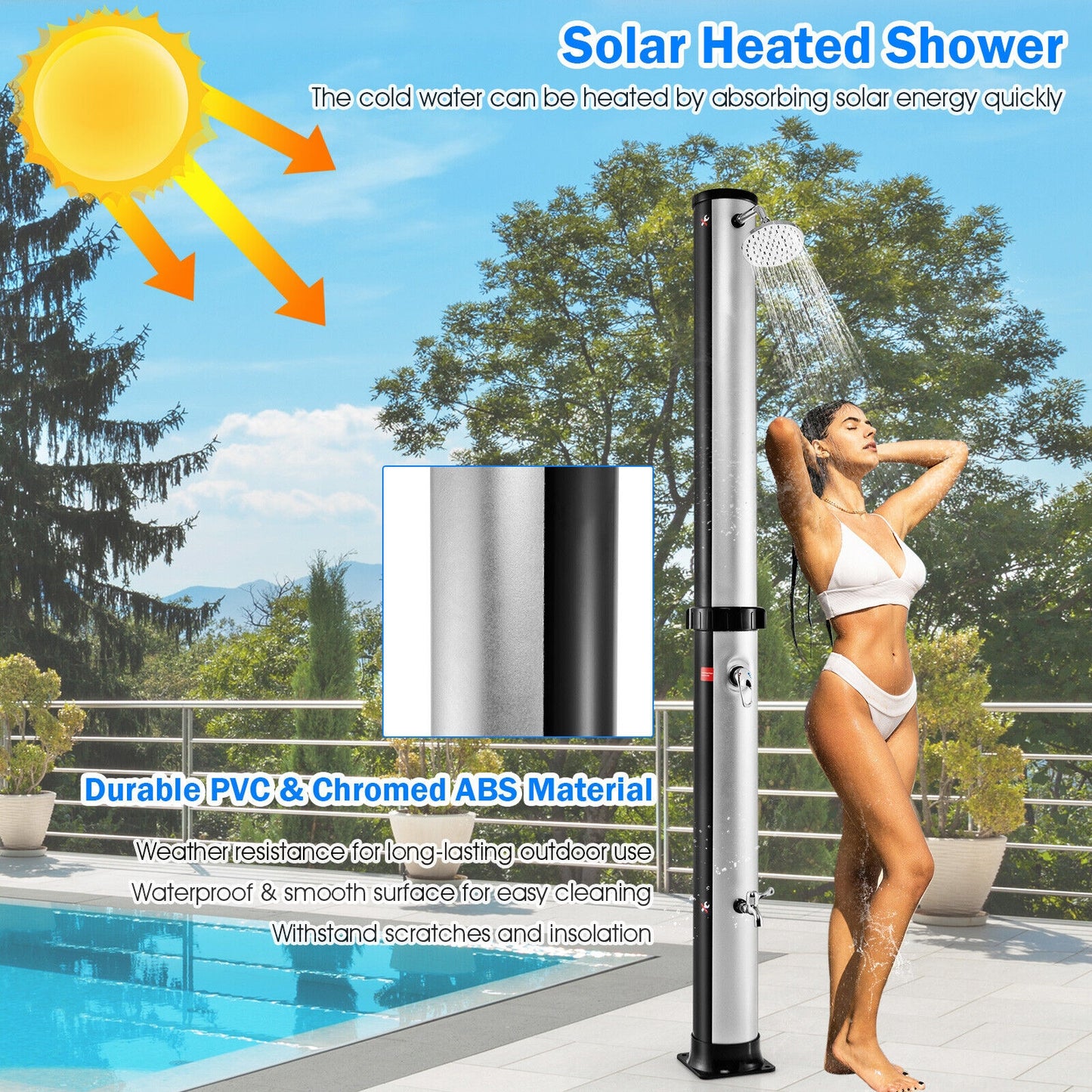 7.2 Feet Solar-Heated Outdoor Shower with Free-Rotating Shower Head-Silver
