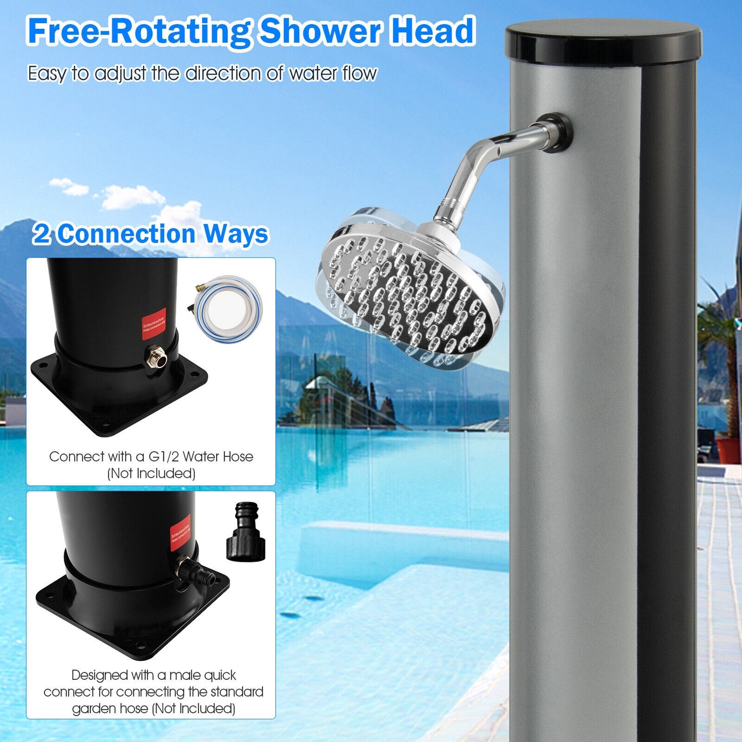 7.2 Feet Solar-Heated Outdoor Shower with Free-Rotating Shower Head-Silver