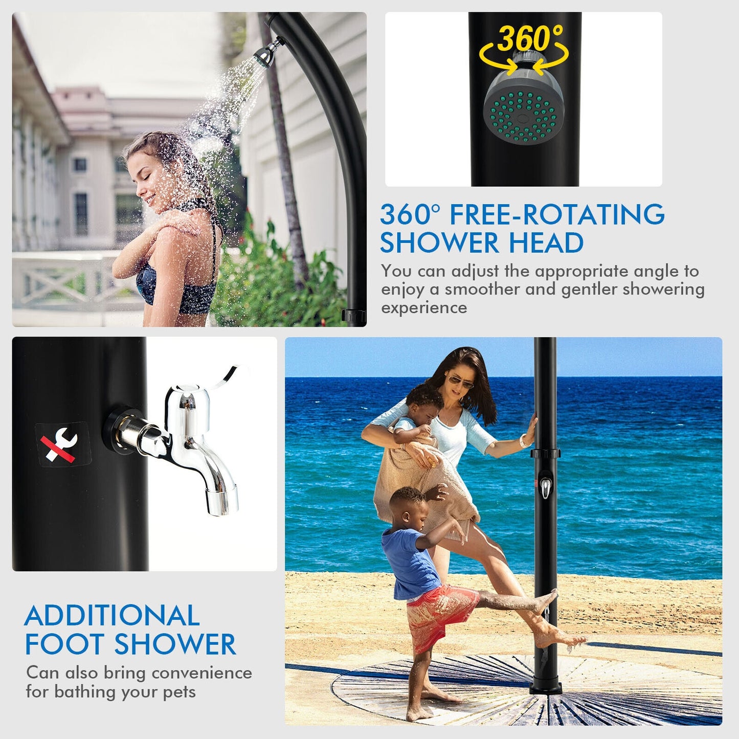 7.2 Feet Solar-Heated Shower with 360° Rotating Shower Head