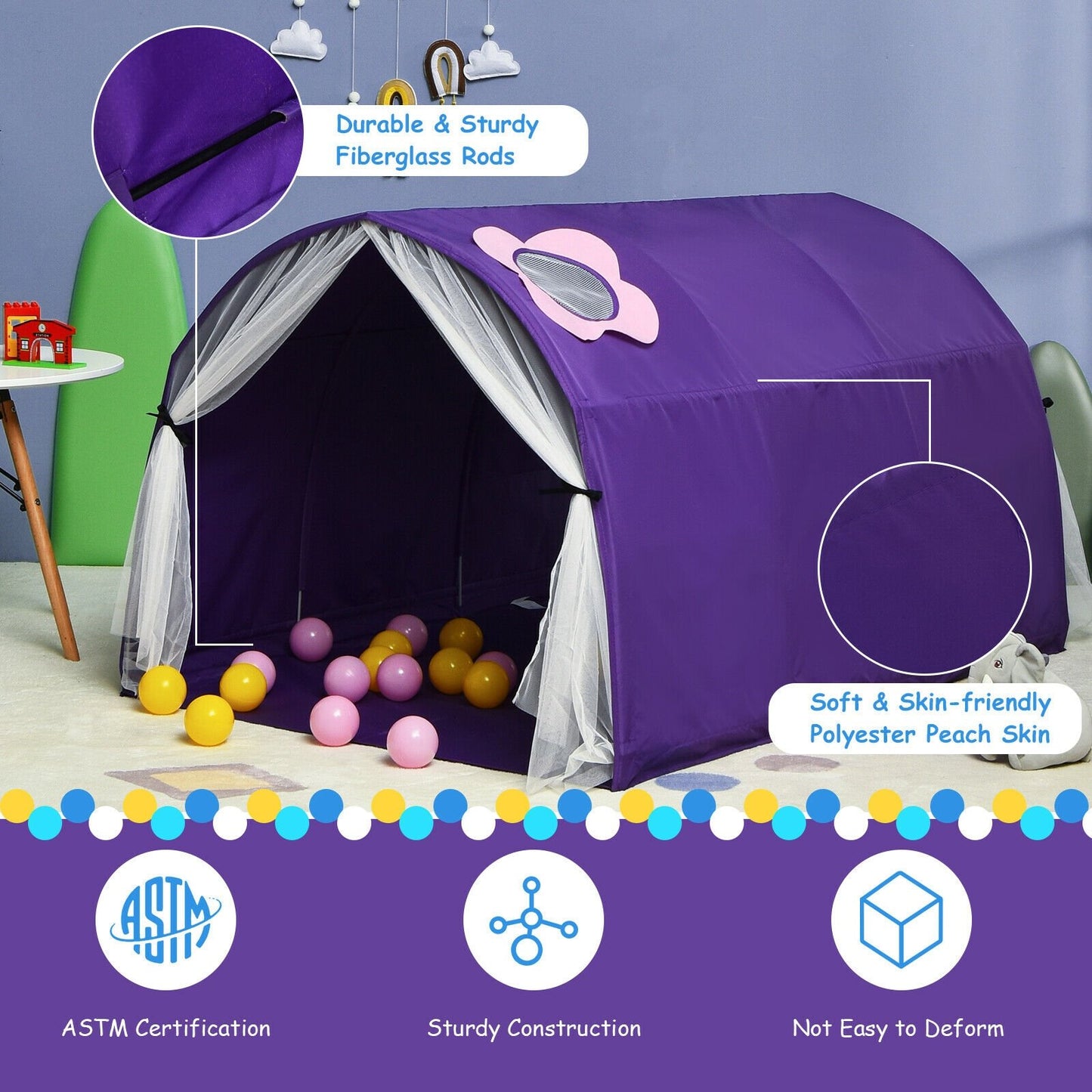 Kids Galaxy Starry Sky Dream Portable Play Tent with Double Net Curtain-Blue