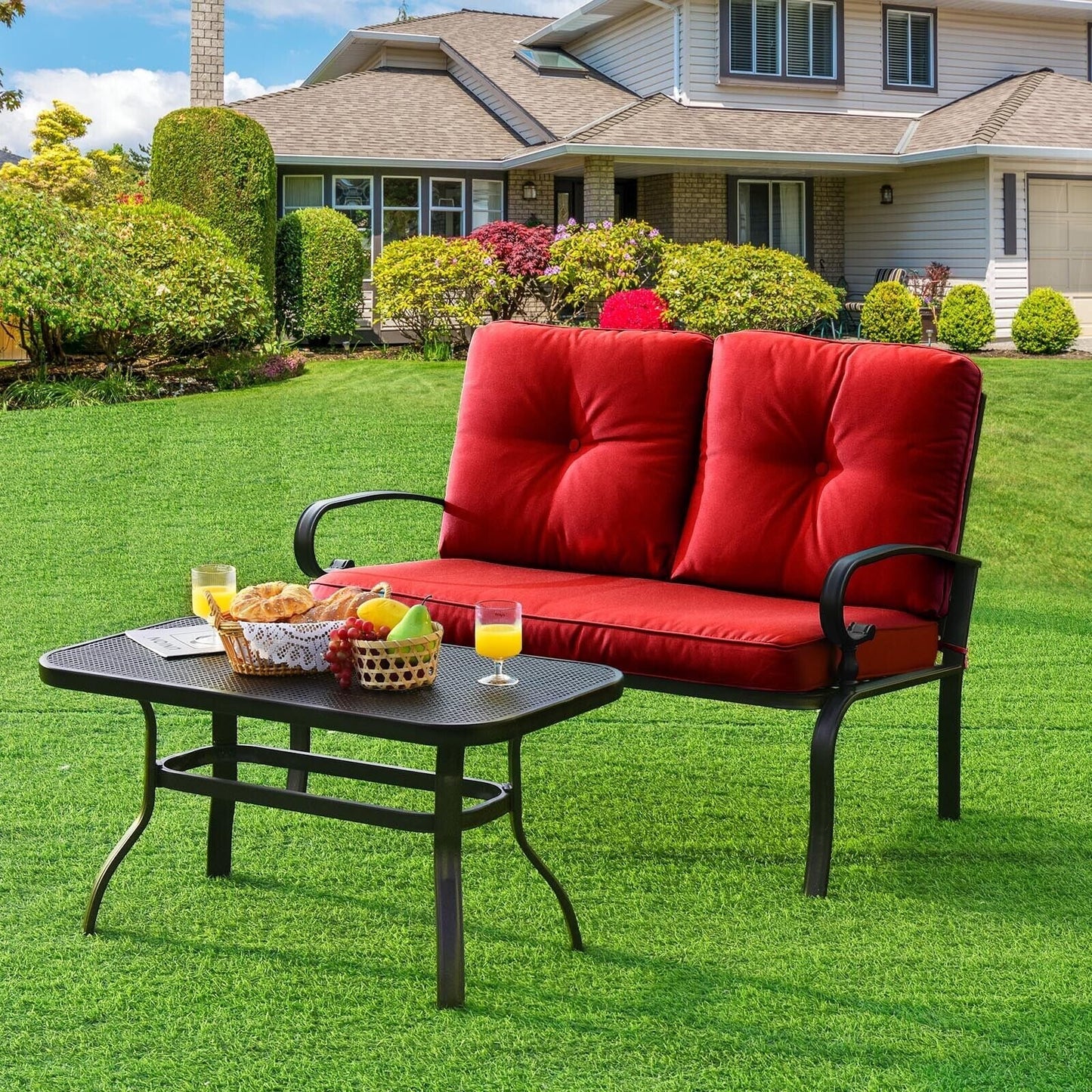 2 Pieces Patio Loveseat Bench Table Furniture Set with Cushioned Chair-Beige