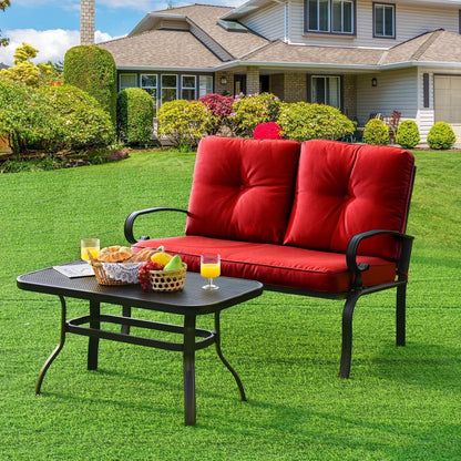 2 Pieces Patio Loveseat Bench Table Furniture Set with Cushioned Chair-Beige