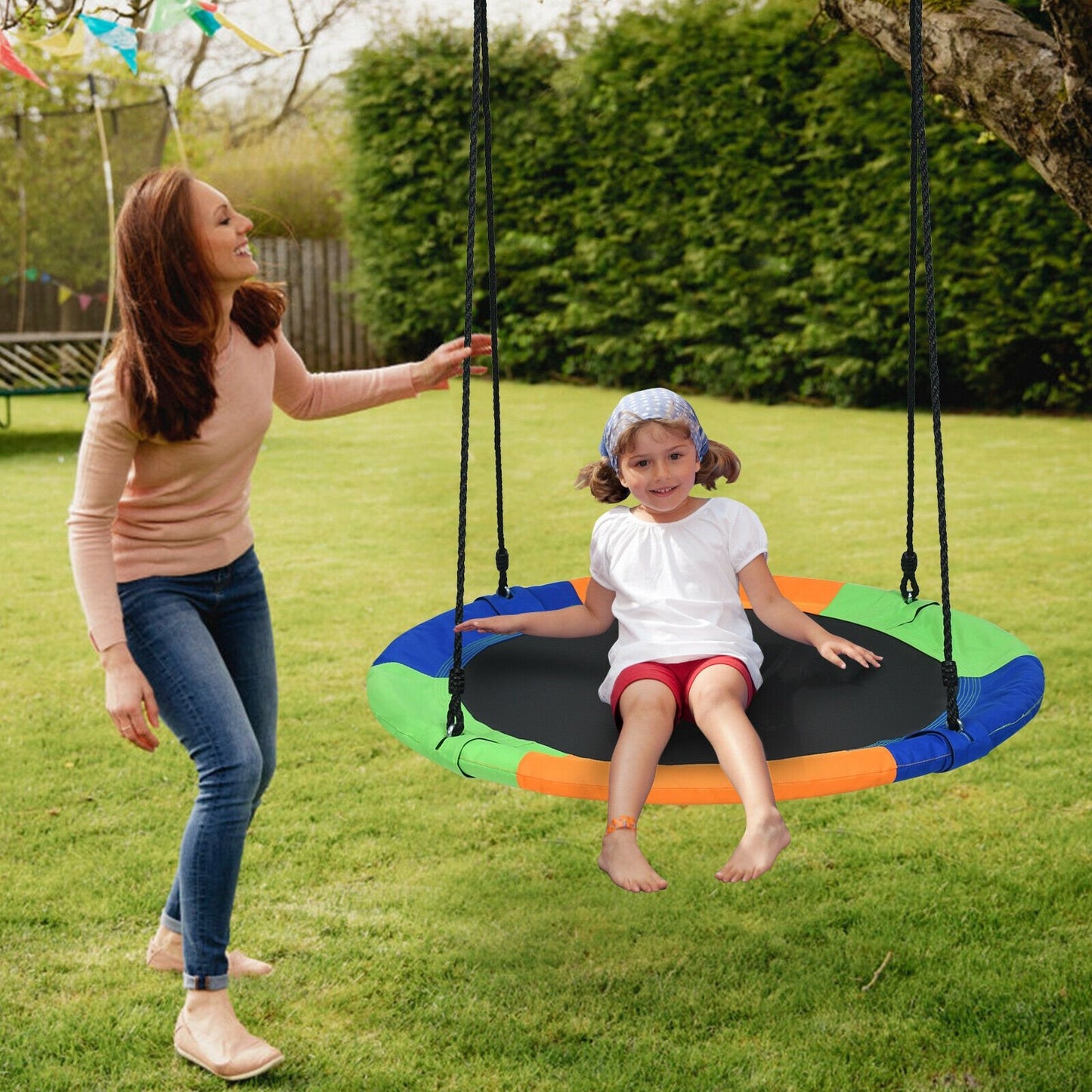 40 Inch Flying Saucer Tree Swing Outdoor Play Set with Adjustable Ropes Gift for Kids-Green