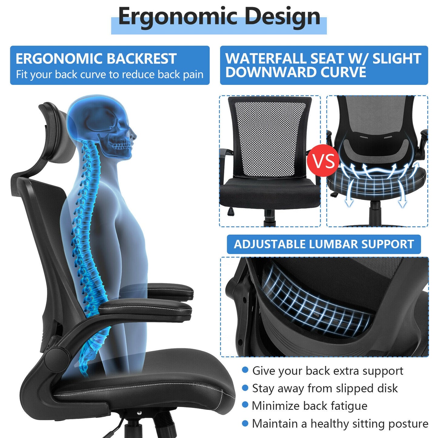 High-Back Executive Chair with Adjustable Lumbar Support and Headrest-Black