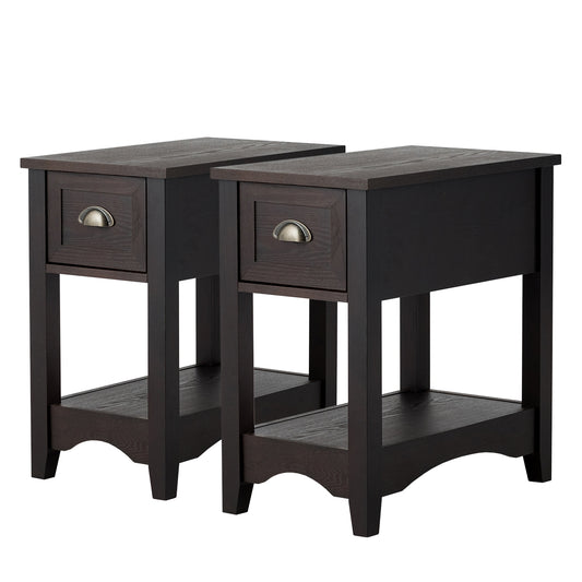 2 Pieces Retro Narrow Tiered End Table with Drawer and Storing Shelf-Brown