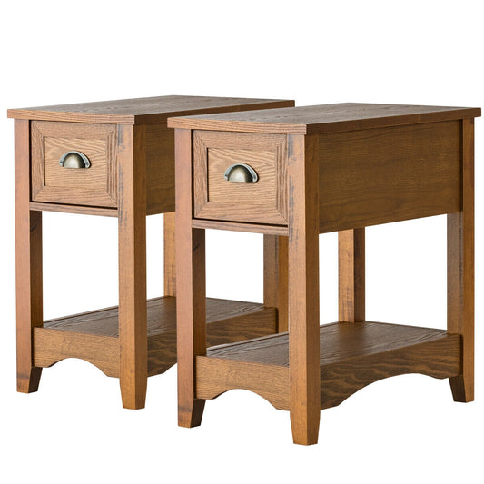 Set of 2 Contemporary Side End Table with Drawer-Natural
