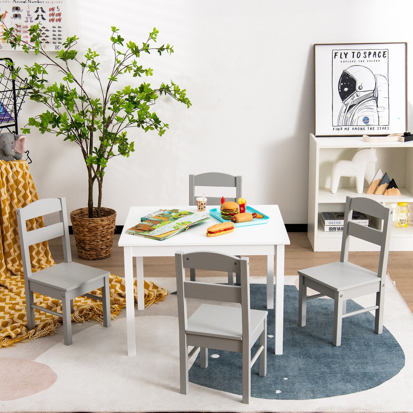 Kids 5 Piece Table and Chair Set Wooden Children Activity Playroom Furniture Gift-White