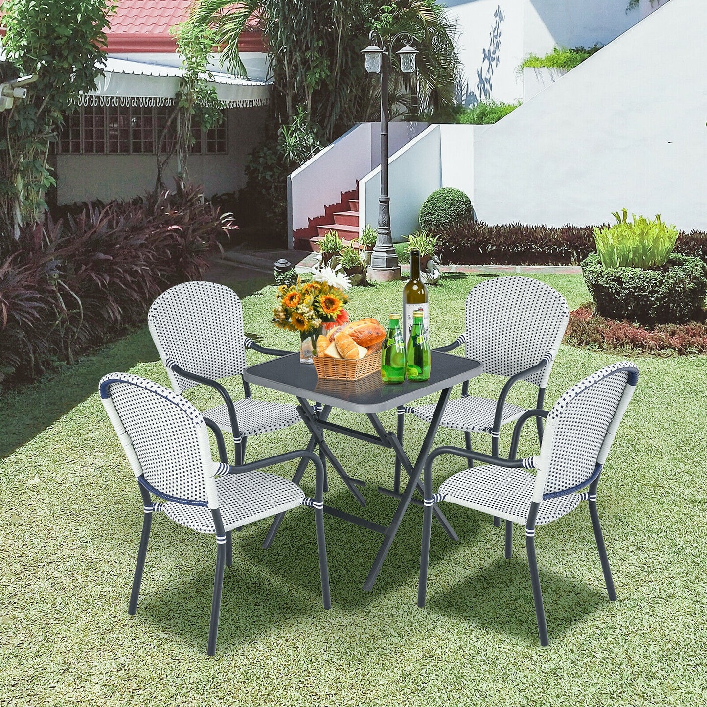 Set of 4 Patio Rattan Stackable Dining Chair with  Armrest for Garden-White
