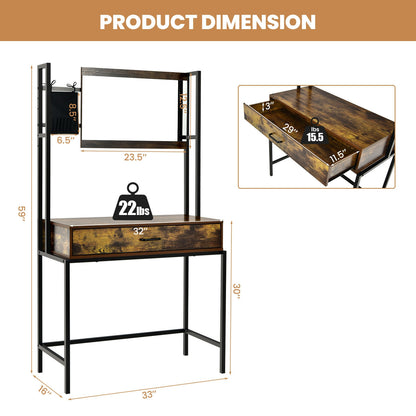 Industrial Vanity Table with 3-Height Adjustable Mirror Bag-Brown