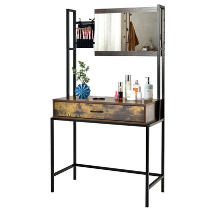Industrial Vanity Table with 3-Height Adjustable Mirror Bag-Brown