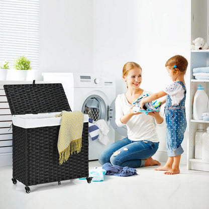 Black laundry hamper with wheels and lid, plastic bath storage basket for laundry organization and easy mobility.