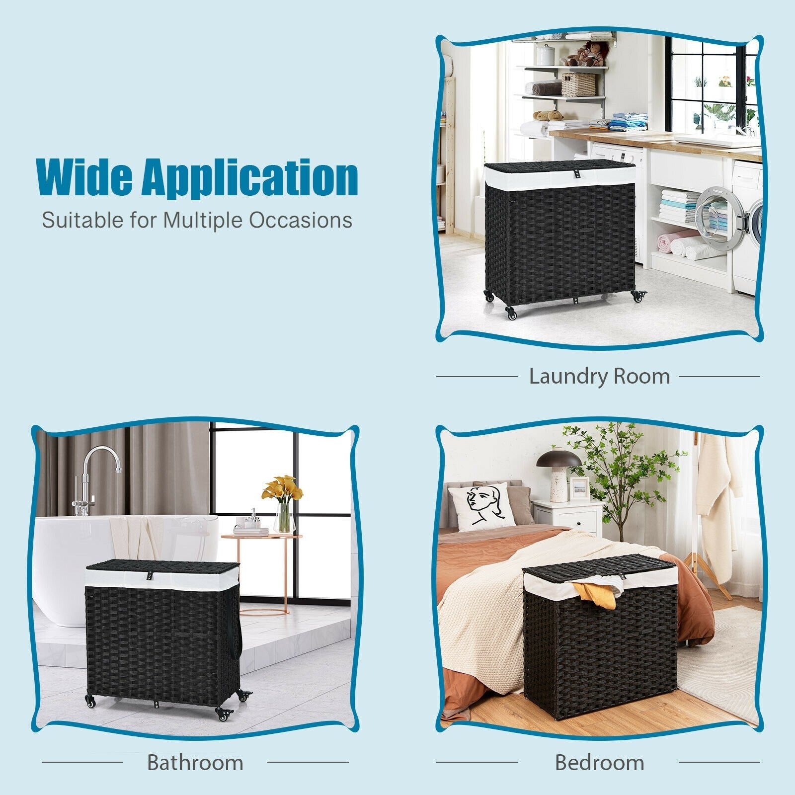 Black laundry hamper with wheels and lid, modern bath storage basket from Direct by Wilsons Home Store.