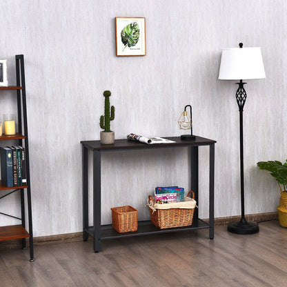 Metal Frame Wood  Console Sofa Table with Storage Shelf-Black