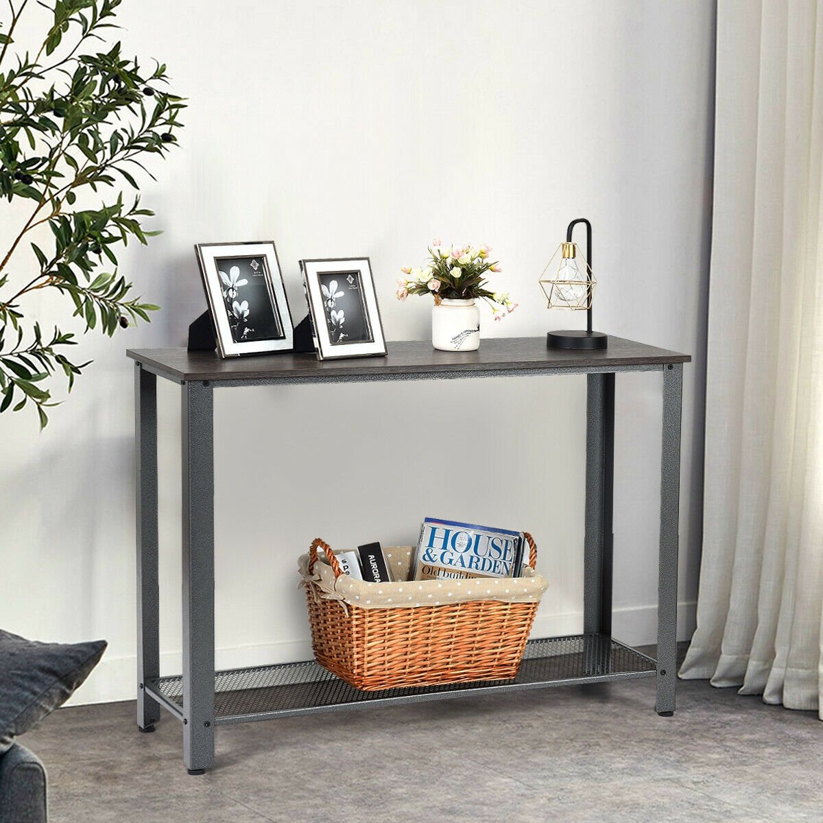 Metal Frame Wood  Console Sofa Table with Storage Shelf-Black