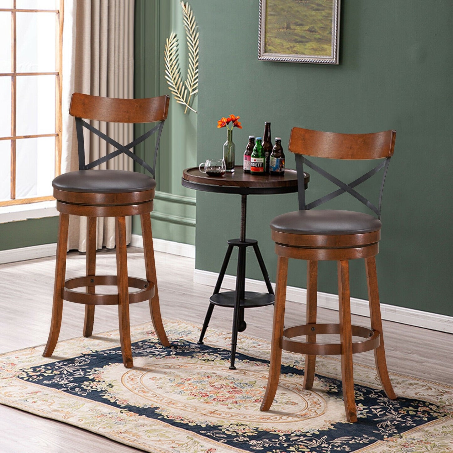 Set of 2 Bar Stools 360-Degree Swivel Dining Bar Chairs with Rubber Wood Legs-M