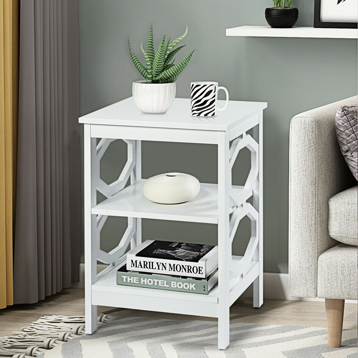 2 Pieces 3-tier Nightstand Sofa Side End Accent Table Storage Display Shelf-Black