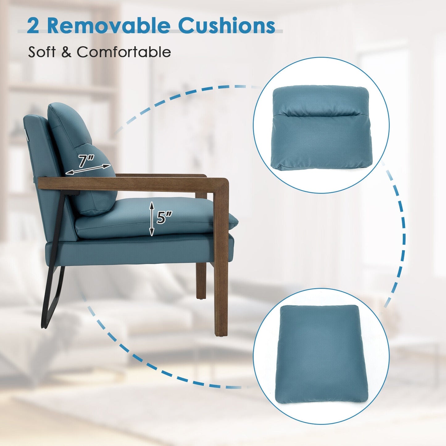 Single Sofa Chair with Extra-Thick Padded Backrest and Seat Cushion-Blue