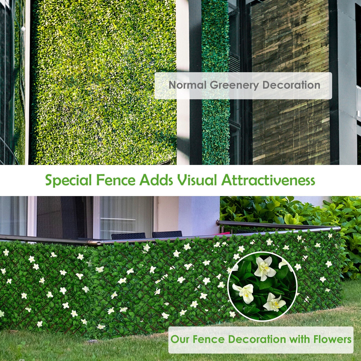 4 Pieces Expandable Faux Ivy Privacy Screen Fence Panel Pack with Flower-White