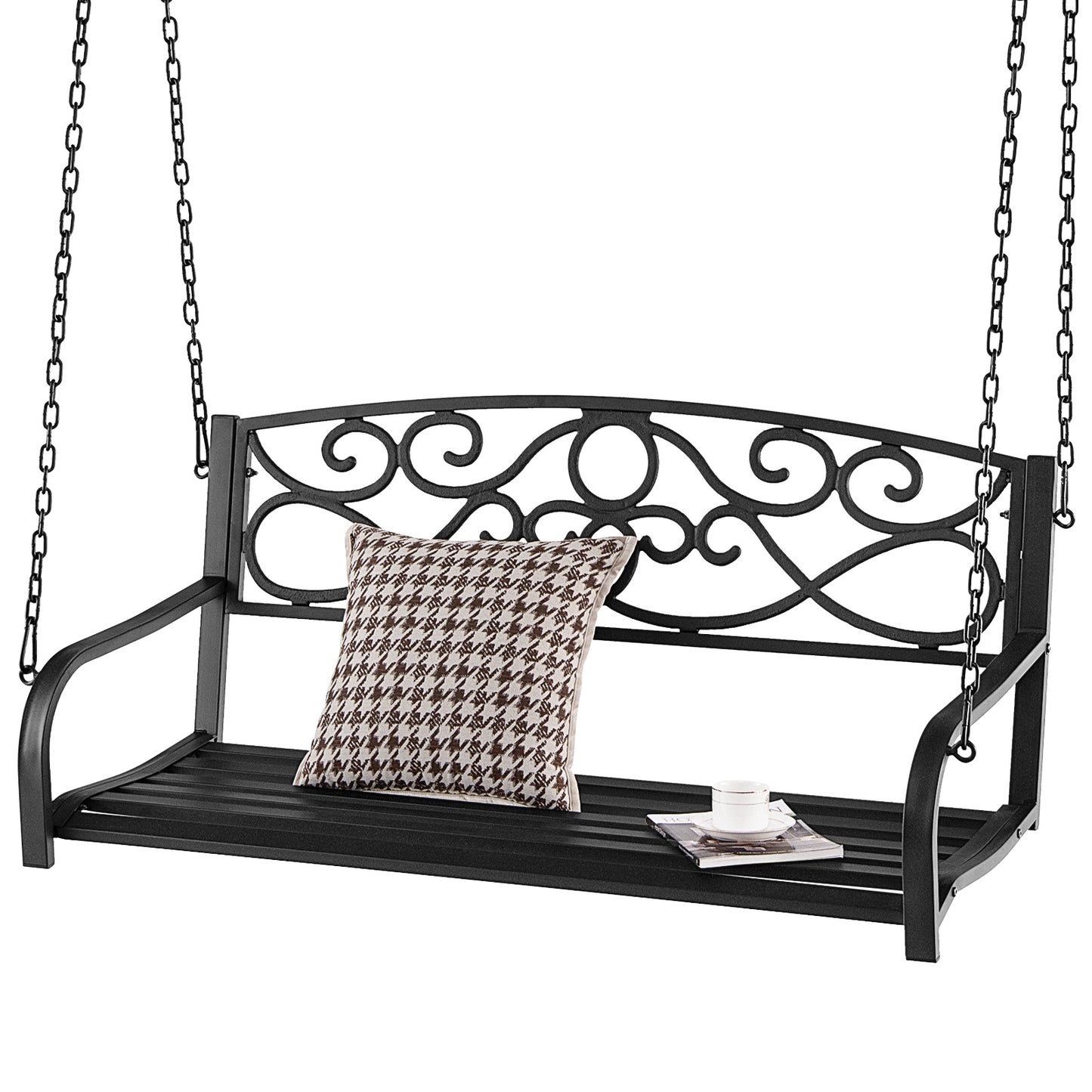 Outdoor 2-Person Metal Porch Swing Chair with Chains-Black