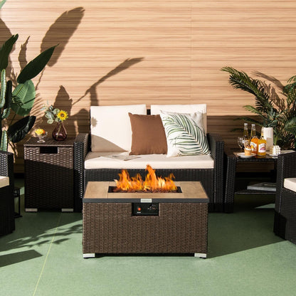 32 x 20 Inch Propane Rattan Fire Pit Table Set with Side Table Tank and Cover-Black