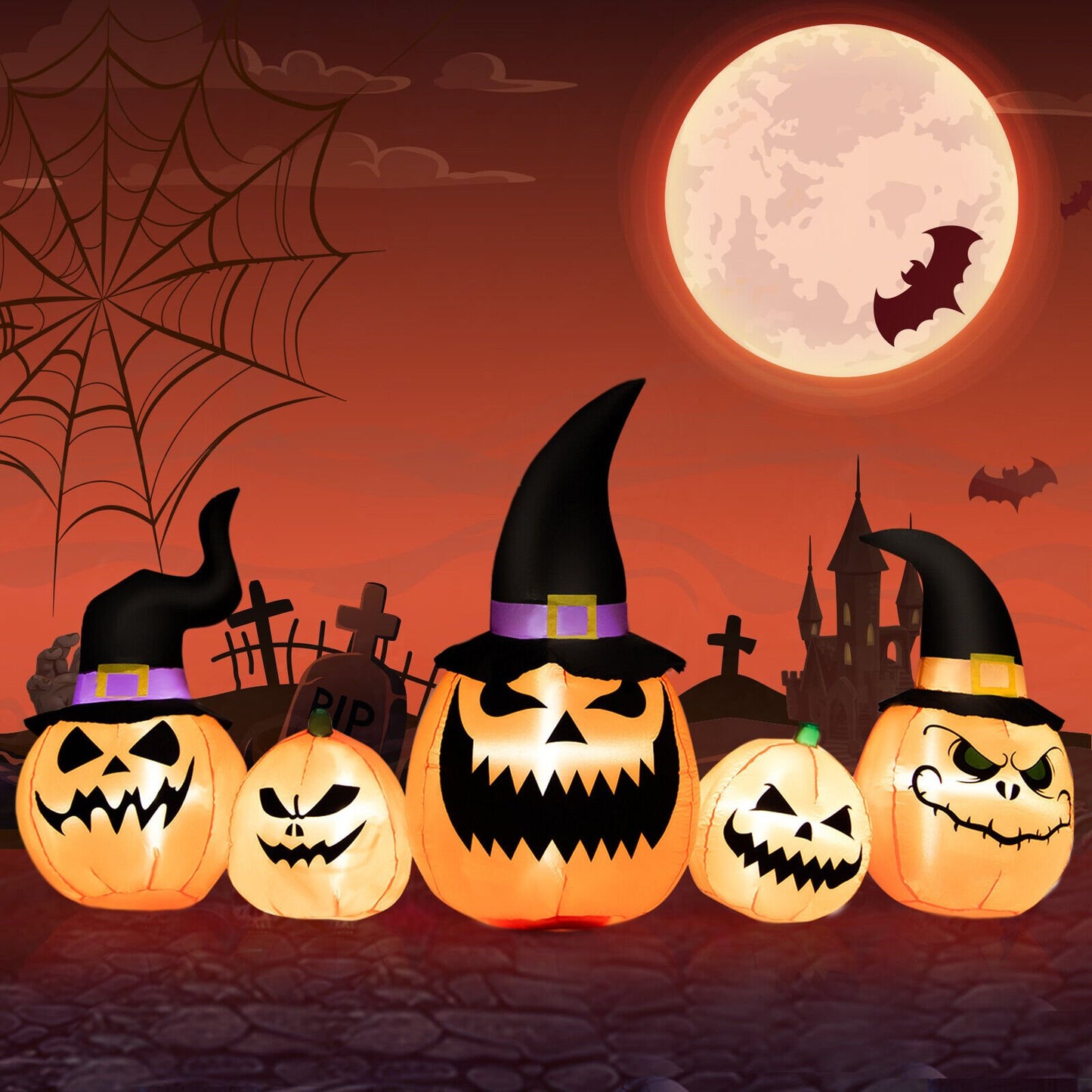 Inflatable 8-foot pumpkin family Halloween yard decoration with LED lights, waterproof outdoor holiday decor by Wilsons Home Store