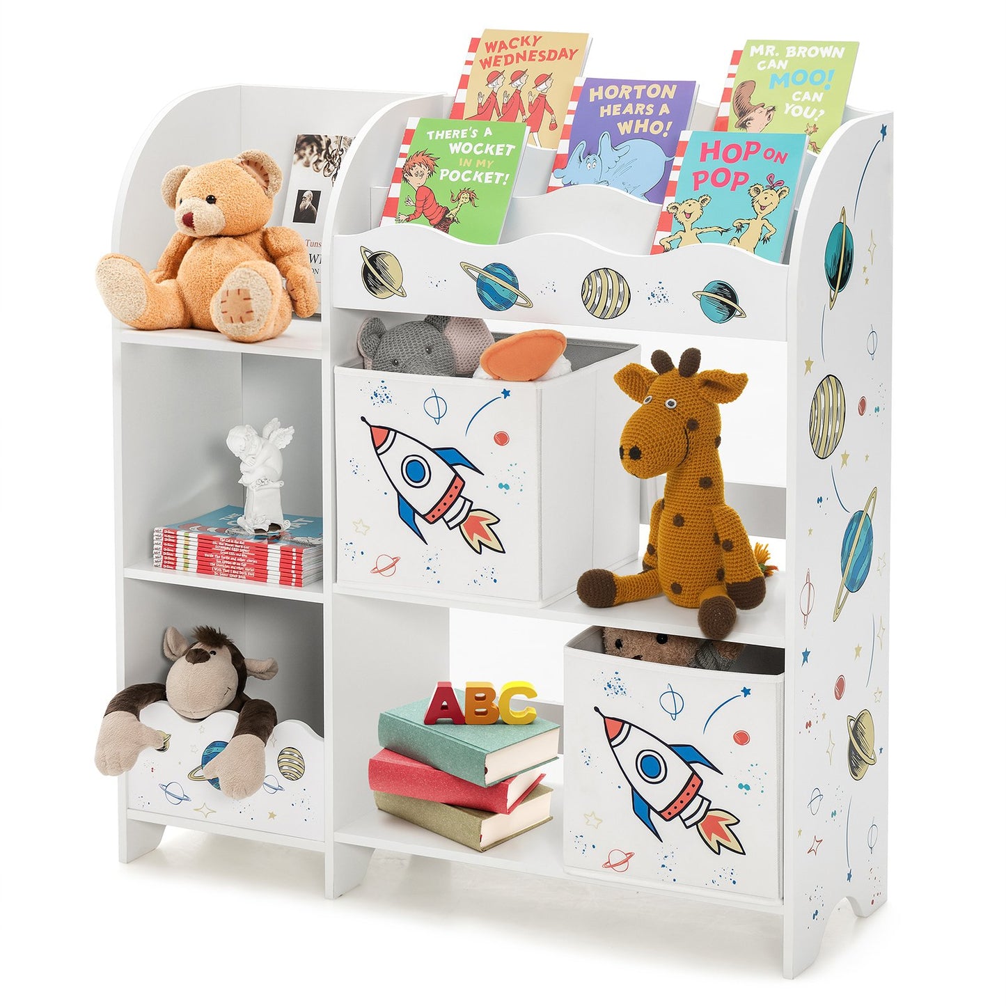 Kids Book Organizer Children Wooden Storage Cabinet with Storage Bins