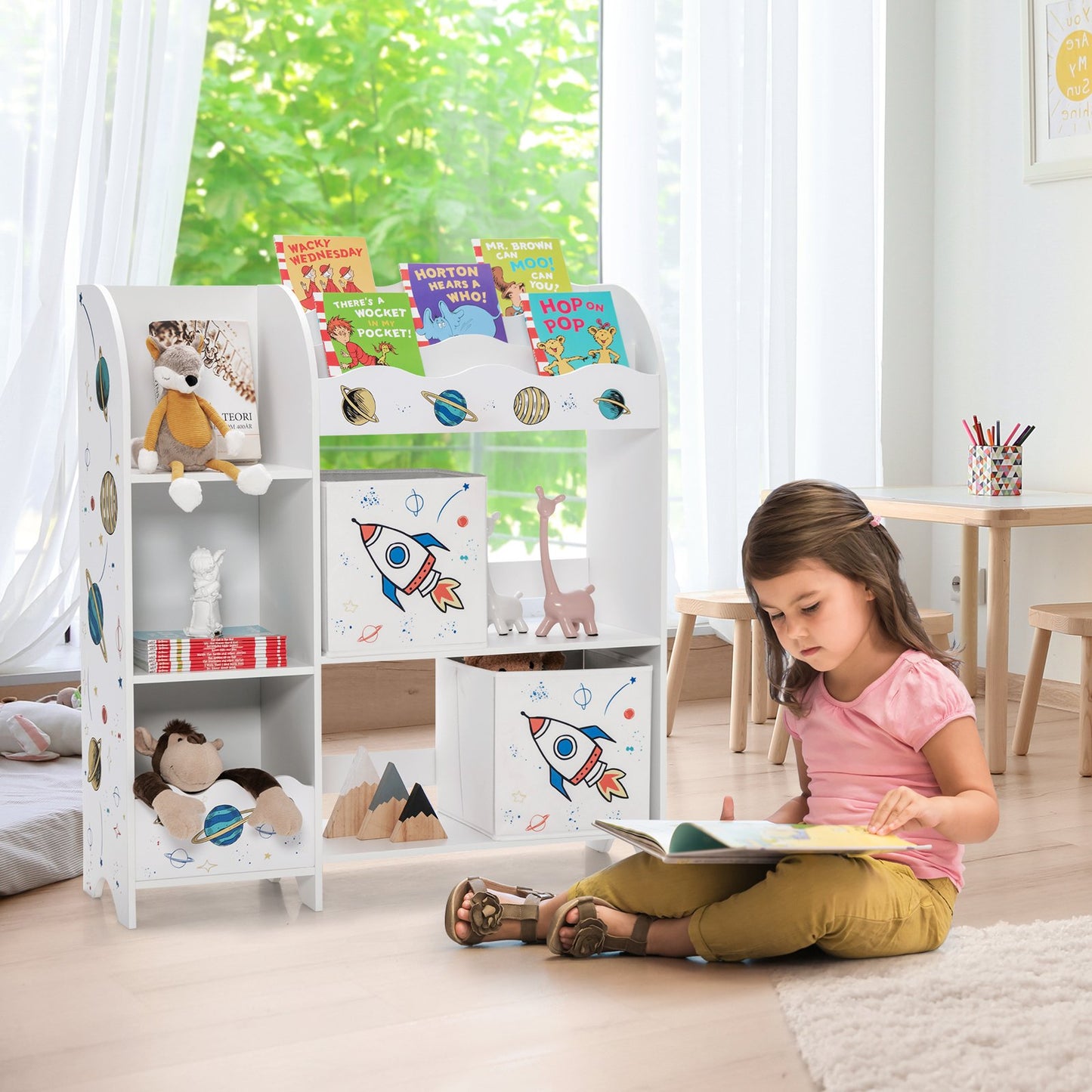 Kids Book Organizer Children Wooden Storage Cabinet with Storage Bins