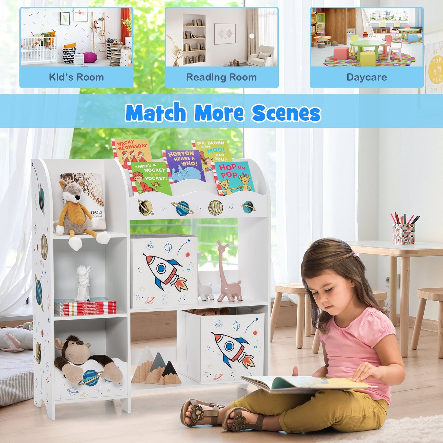 Kids Book Organizer Children Wooden Storage Cabinet with Storage Bins