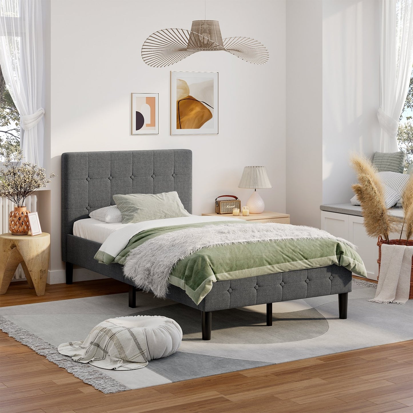Platform Bed with Button Tufted Headboard-Beige