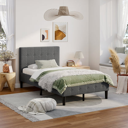 Platform Bed with Button Tufted Headboard-Beige